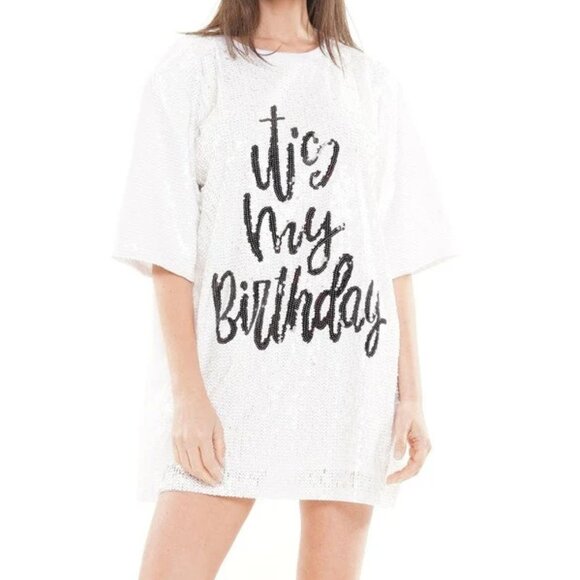 Sequin T-shirt "It's my birthday" dress - WHITE - Picture 1 of 2